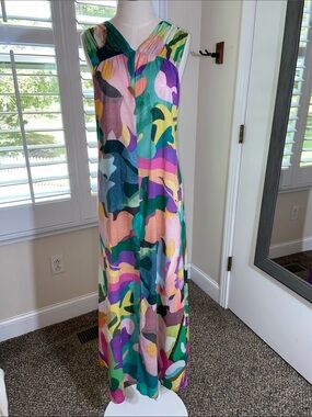 Anthropologie Naomi Reis Abstract Maxi Dress Sz M Front Slit Bow Artsy Dopamine